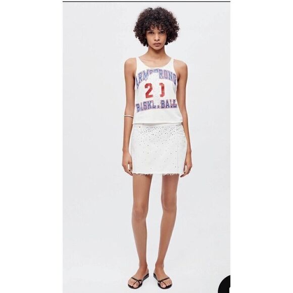 Re/done & PAM Levis White Denim Crystal Denim Wrap Mini Skirt NWT Sz 25 $495 - Picture 3 of 12